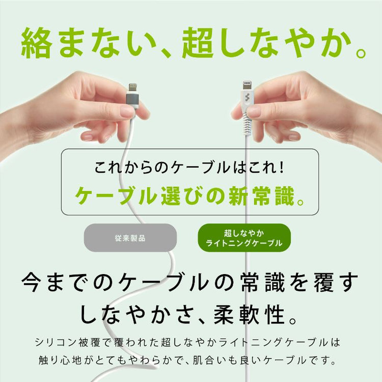 【Tuna】MFi認証品 からまない!超しなやかライトニングケーブル バンド付 1m(GWC-1MLSW) / 2m(GWC-2MLSW)