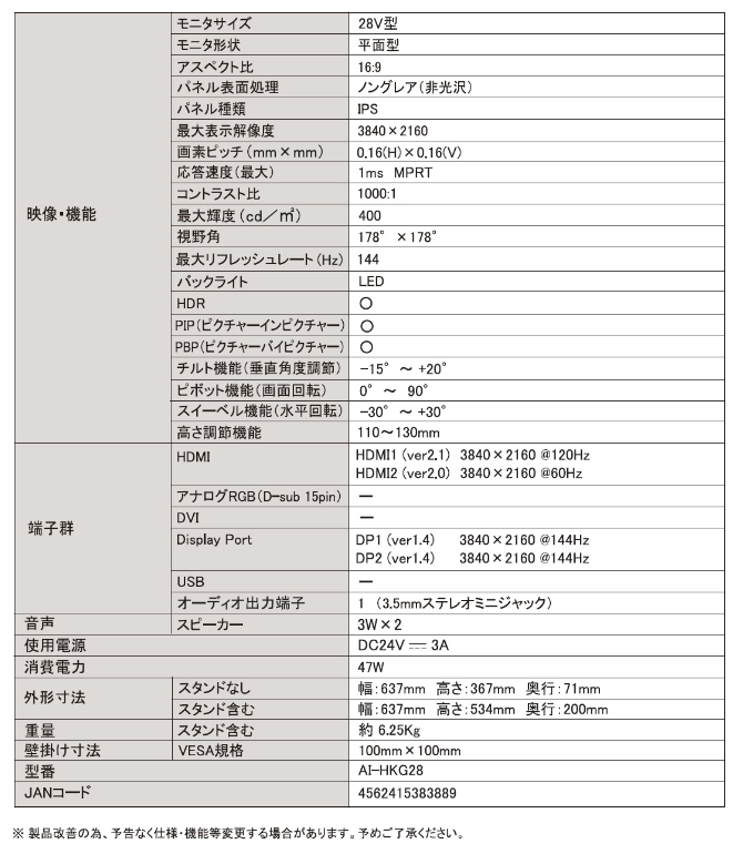 【WIS】28インチ HDMI2.1対応ゲーミングモニター AI-HKG28