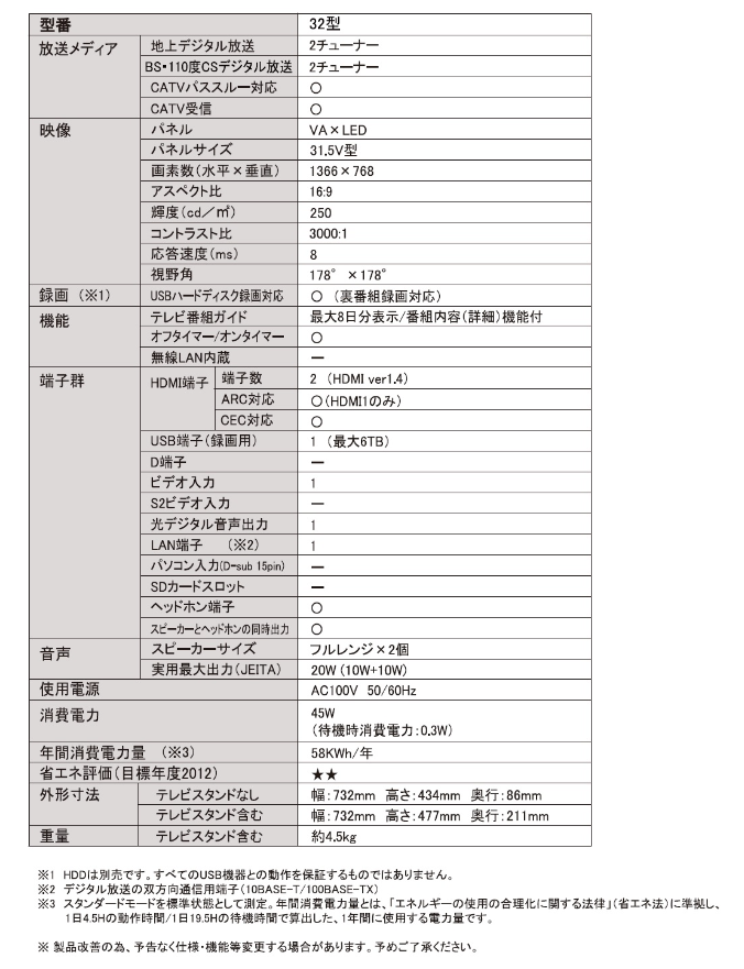 【WIS】32インチ3波 HD液晶テレビ Wチューナー AS-323W