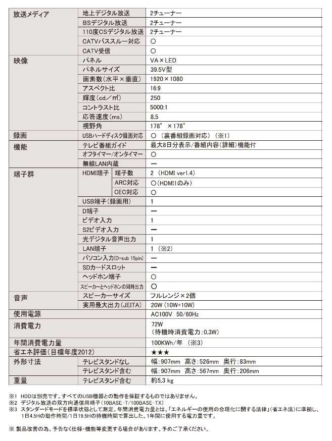 【WIS】40インチ3波FHD液晶テレビ Wチューナー AS-403W