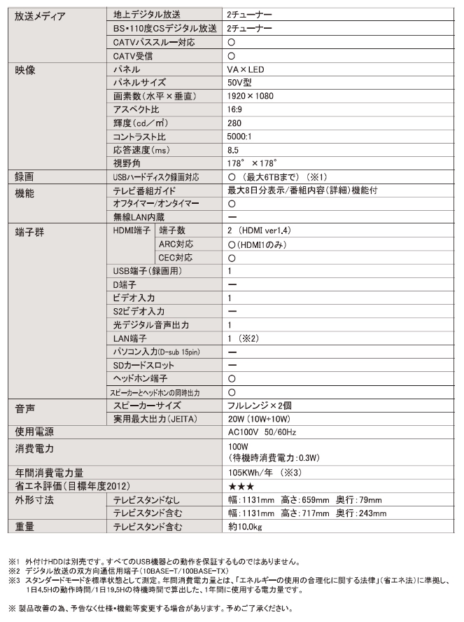 【WIS】50インチ3波FHD液晶テレビ Wチューナー AS-503W