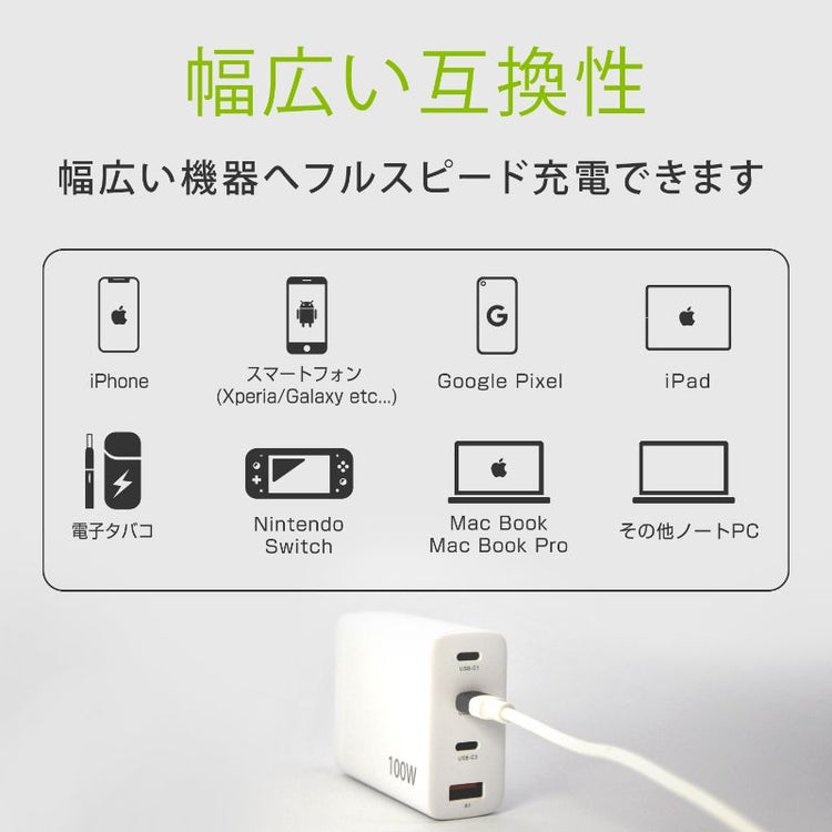【Tuna】100W 窒化ガリウム採用 PD対応 Type-C3ポート USB-A1ポート ACアダプタ 充電器 GWA-PD104WW
