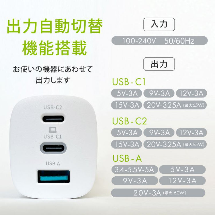 【Tuna】65W 窒化ガリウム採用 PD対応 Type-C2ポート USB-A1ポート ACアダプタ 充電器 GWA-PD63WW