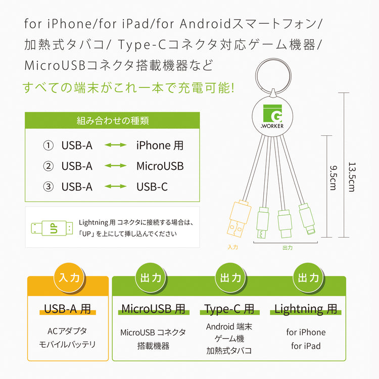 【Tuna】持ち運びに便利!1本3役どんなときも充電キーホルダー GWC-3K