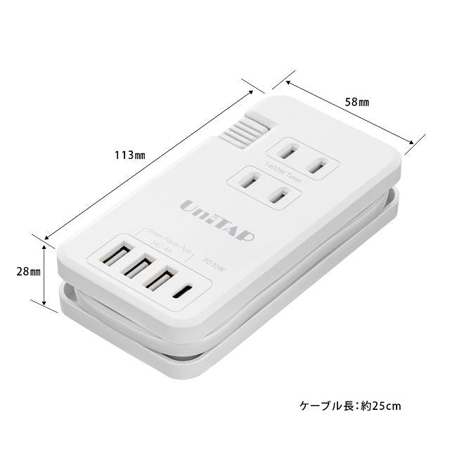 【PRINCETON】Unitap PD30W対応 USB給電機能付きマルチタップ ホワイトAC 3口/Type-A 3ポート/Type-C 1ポート PPS-PD30A3C