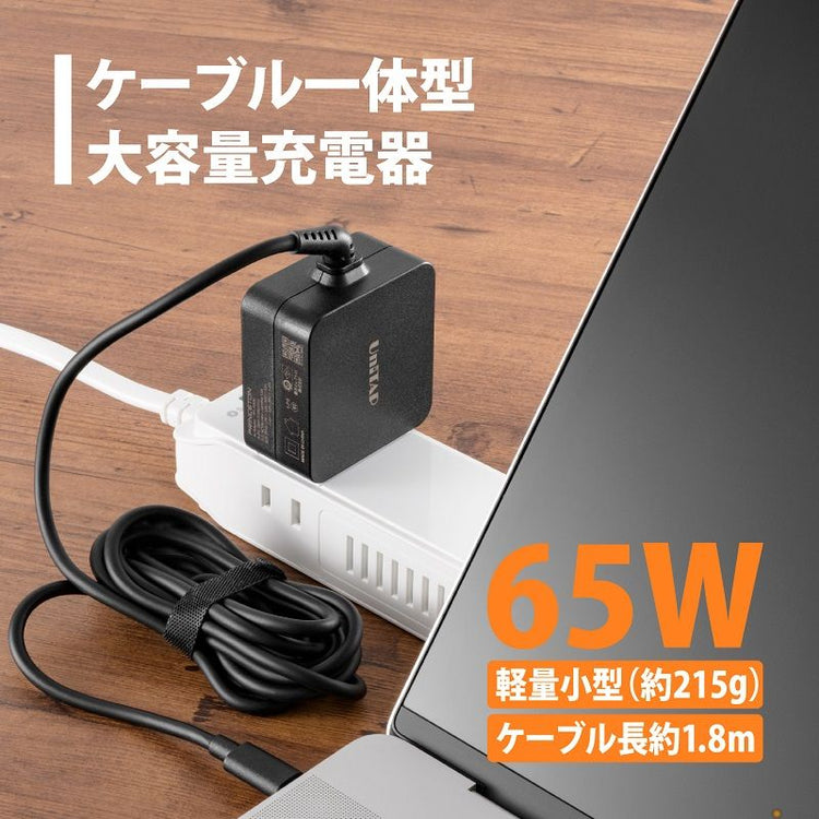【PRINCETON】Unitap ケーブル一体型 PD65W対応 超急速充電器 ブラック PD3.0対応 USB type-c 1ポート PPS-PD65C