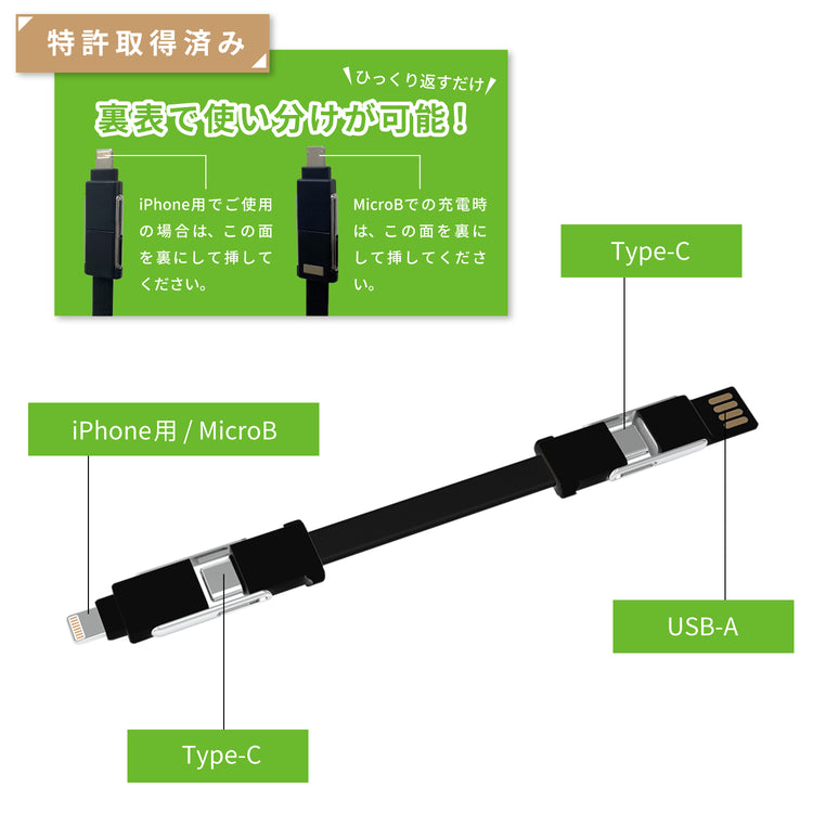 【Tuna】 持ち運びに便利！1本6役ストラップ型ケーブル充電・データ転送ケーブル Type-C & For MicroB & For iPhone対応 GWC-6S3B